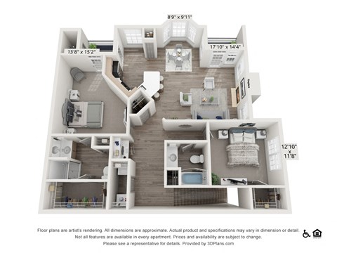Floor plan for 2 beds, 2 baths, 1302 sqft